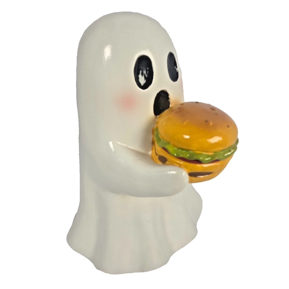 Halloween Ghost Holding Hamburger Figurine 9 Inch Cute Spooky Food Decor